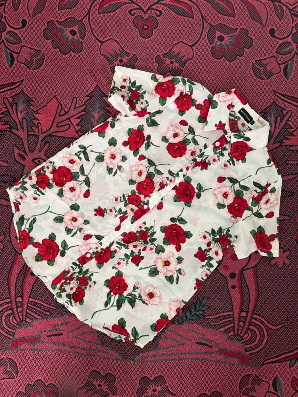 PrettyLittleThing White Button-Down Shirt with Red & Pink Floral Print